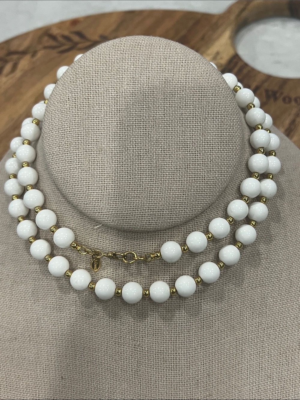 Vintage Monet White Bead Necklace with Gold Accents - Picture 2 of 9